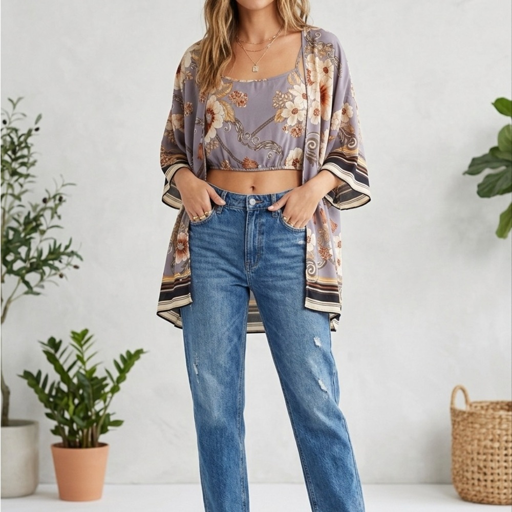 Sweet Rain Floral Kimono & Tank Set Boho Cottagecore Festival Cardigan Blue L